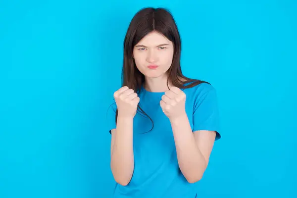Displeased Annoyed Young Caucasian Girl Wearing Blue Shirt Isolated Blue — Stock Photo, Image