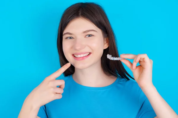 Young Caucasian Girl Wearing Blue Shirt Isolated Blue Studio Background — Stock Photo, Image