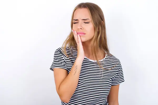 Beautiful Blonde Girl Wearing Striped Shirt White Background Toothache — Stock Photo, Image