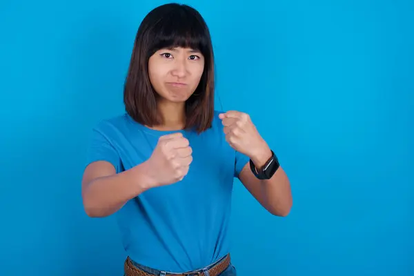 Displeased Annoyed Young Asian Woman Wearing Blue Shirt Blue Background — Stock Photo, Image