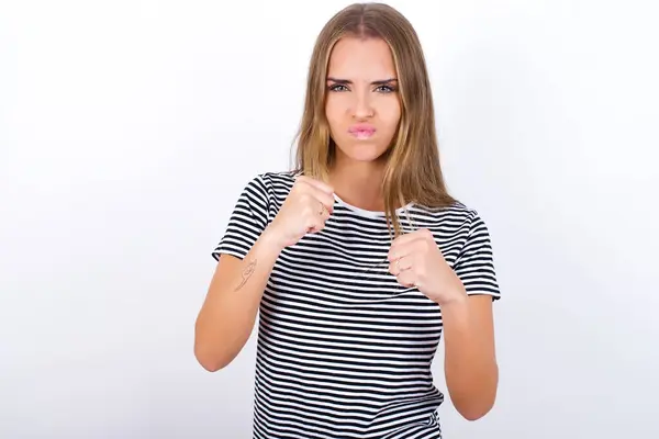 Displeased Annoyed Beautiful Blonde Girl Wearing Striped Shirt White Background — Stock Photo, Image