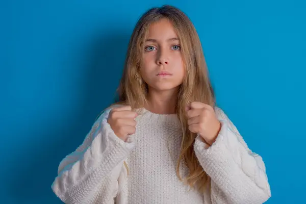 Displeased Annoyed Pretty Teen Girl Clenches Fists Gestures Pissed Ready — Stock Photo, Image
