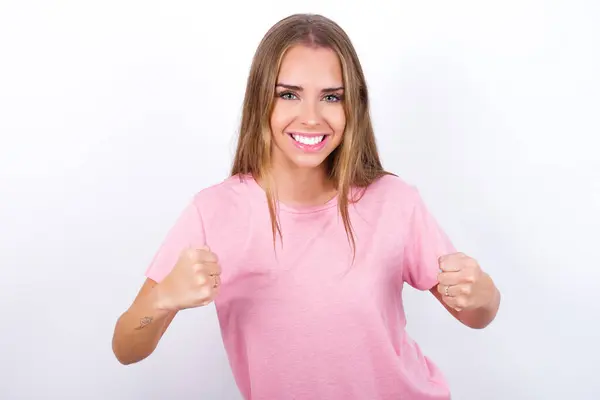 Portrait Young Caucasian Girl Wearing Pink Shirt White Background Looks — Stock Photo, Image