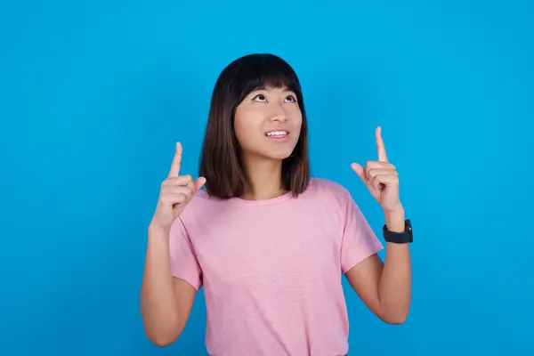 Successful Friendly Looking Young Asian Woman Wearing Pink Shirt Blue — Stock Photo, Image