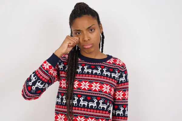 Unhappy African American Woman Wearing Christmas Sweater White Wall Crying — Stock Photo, Image
