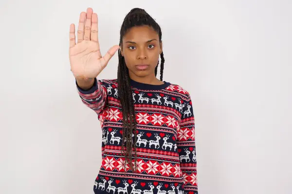 African American Woman Wearing Christmas Sweater White Wall Doing Stop — Stock Photo, Image