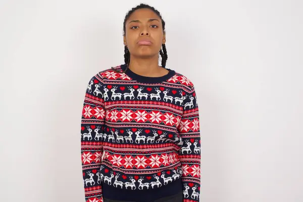 Gloomy Bored African American Woman Wearing Christmas Sweater White Wall — Stock Photo, Image
