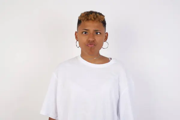 Funny Comic Young African American Woman Wearing White Shirt Crosses — Stock Photo, Image