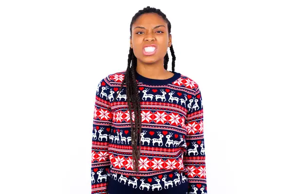Mad Crazy African American Woman Wearing Christmas Sweater White Wall — Stock Photo, Image