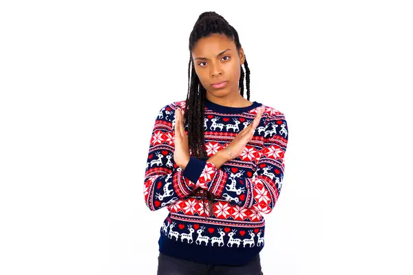 African American Woman Wearing Christmas Sweater White Wall Has Rejection — Stock Photo, Image