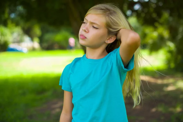 Portrait Beautiful Caucasian Little Kid Girl Wearing Blue Shirt Standing — Stock Photo, Image