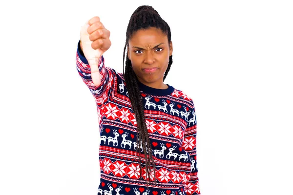 Discontent African American Woman Wearing Christmas Sweater White Wall Shows — Stock Photo, Image