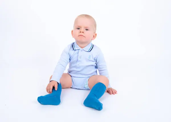 Portrair Cute Little Kid Boy Wearing Blue Singlet Posing White — Stock Photo, Image