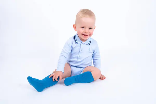 Portrair Cute Little Kid Boy Wearing Blue Singlet Posing White — Stock Photo, Image