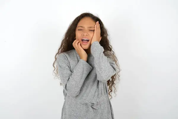 Doleful Desperate Crying Teenager Girl Wearing Grey Sweater Looks Stressfully — Stock Photo, Image