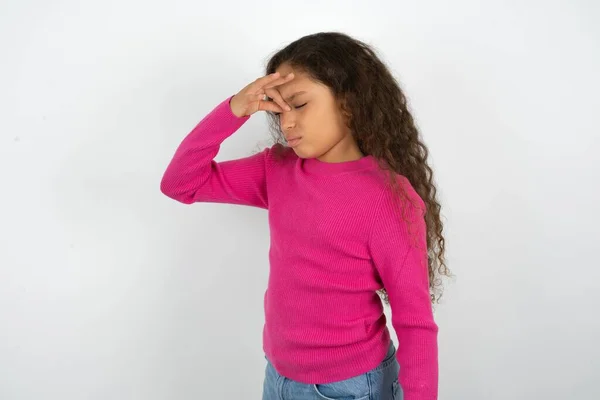 Sad Teenager Girl Wearing Pink Sweater Suffering Headache Holding Hand — Stock Photo, Image