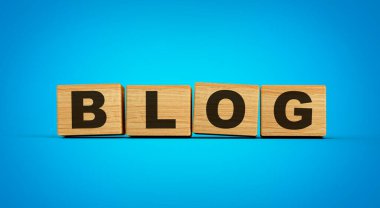 Blog sembolü. Mavi arkaplan 3d illüstrasyonundaki tahta küplerin kelime günlüğü
