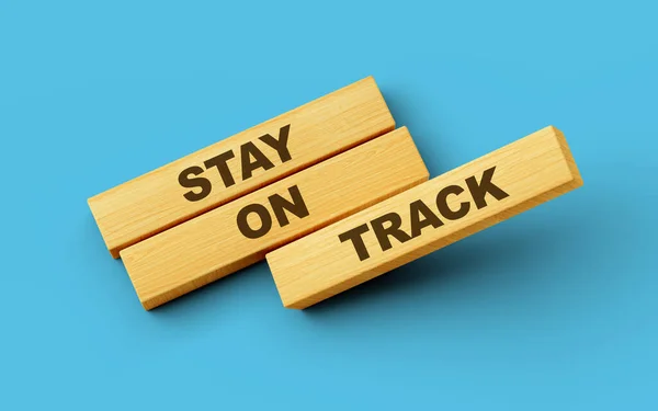 Stay on track symbol. Wooden blocks isolated bright blue background 3d illustration