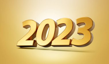 Mutlu yıllar 2023. Altın zemin üzerinde altın 3D sayılar 3d illüstrasyon