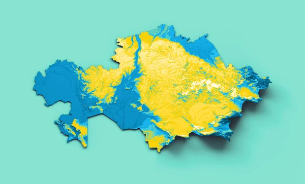 Kazakhstan map with the flag Colors Blue and yellow Shaded relief map 3d illustration