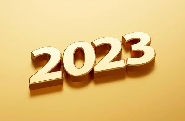 Mutlu yıllar 2023. Altın zemin üzerinde altın 3D sayılar 3d illüstrasyon