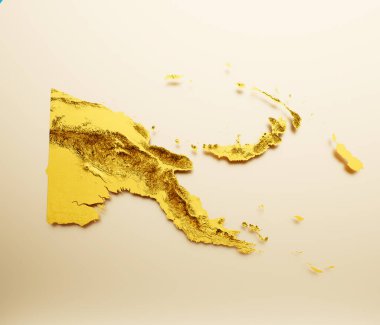 Papua Yeni Gine Haritası Altın Metal Renk Yüksekliği Haritası 3D Görüntü