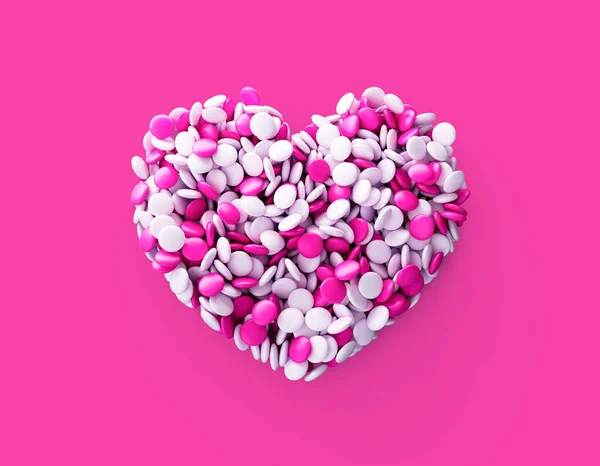 Top View Καρδιά Του Πολύχρωμο Σοκολάτα Επικάλυψη Καραμέλα Ροζ Φόντο — Φωτογραφία Αρχείου