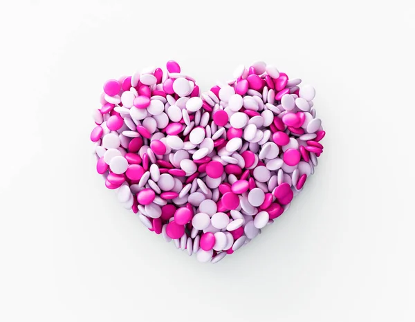 Πολύχρωμα Ροζ Και Λευκά Φασόλια Dragee Σχήμα Καρδιάς Λευκό Φόντο — Φωτογραφία Αρχείου
