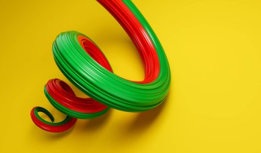 Burkina Faso bayraklı sarmal şekil, sarı arkaplanda 3D görüntü