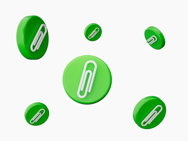 附件图标 回形针符号白色背景图标 绿色圆形按钮3D插图 — 图库照片