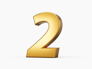 İki, beyaz arka planda altın 2 numara 3D illüstrasyon