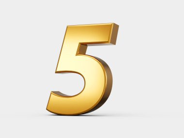 Altın metalik numara 5, beyaz arkaplan 3 boyutlu illüstrasyon