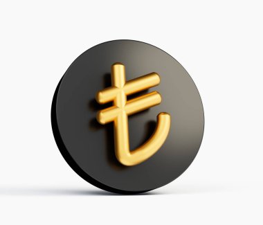 Beyaz arka planda Türk Lirası yazılı altın sikke. Türkiye ve Kuzey Kıbrıs. 3B illüstrasyon