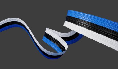 Estonya Bayrak Kurdelesi Bağımsızlık Günü afişi 3D illüstrasyon. Estonya Anma Günü 24 Şubat