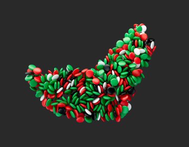 Rainbow multicolored sweet candy dragee in shape of UAE map isolated on white background. 3d illustration