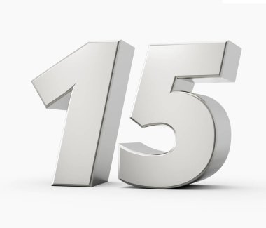 Silver 3d numbers 15 Fifteen. Isolated white background 3d illustration
