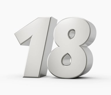 Silver 3d numbers 18 eighteen. Isolated white background 3d illustration