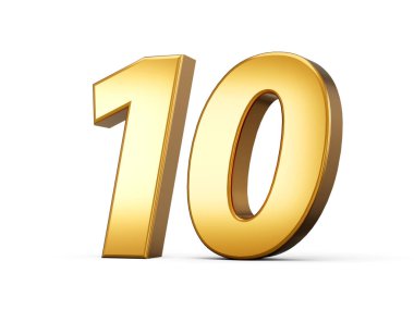 Golden metallic Number 10 Ten, White background 3d illustration