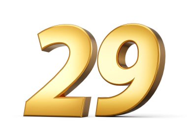 Golden metallic Number 29 twenty Nine, White background 3d illustration