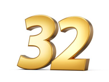 Golden metallic Number 32 Thirty two, White background 3d illustration