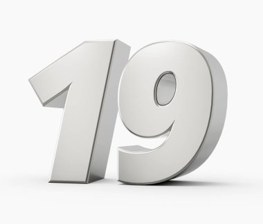 Silver 3d number 19, Nineteen silver 3d number isolated on white background, 3d illustration