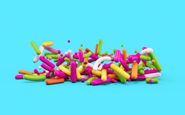 Sugar sprinkle, Decoration for cake & bakery, colorful sprinkles on cyan background, 3d illustration