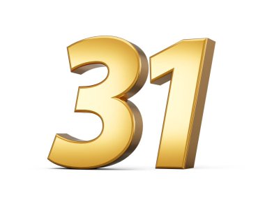 Golden metallic Number 31 Thirty one, White background 3d illustration