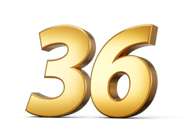 Golden metallic Number 36 Thirty six, White background 3d illustration