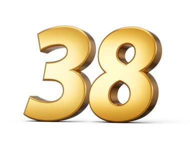 Golden metallic Number 38 thirty eight, White background 3d illustration