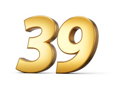 Golden metallic Number 39 thirty nine, White background 3d illustration