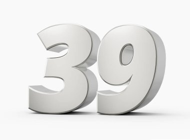 Silver 3d numbers 39 Thirty nine. Isolated white background 3d illustration