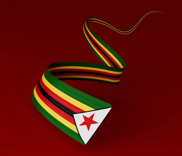 Vlajka Zimbabwe Lesklá Vlnitá Stuha Vlajka Hvězdou Izolované Červeném Pozadí — Stock fotografie