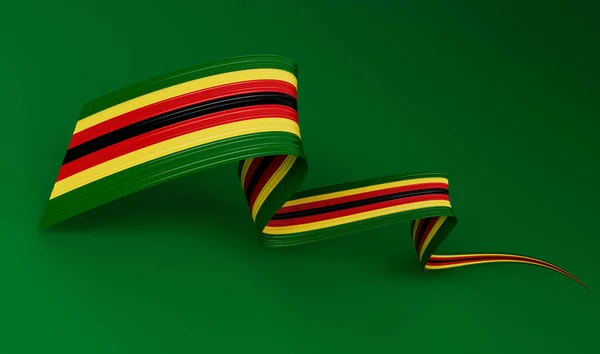 Flag Zimbabwe Country Wavy Shiny Ribbon Flag Isolated Green Background — 스톡 사진