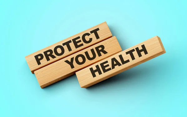 PROTECT YOUR HEALTH text on wooden sticks with blue background 3d illustration